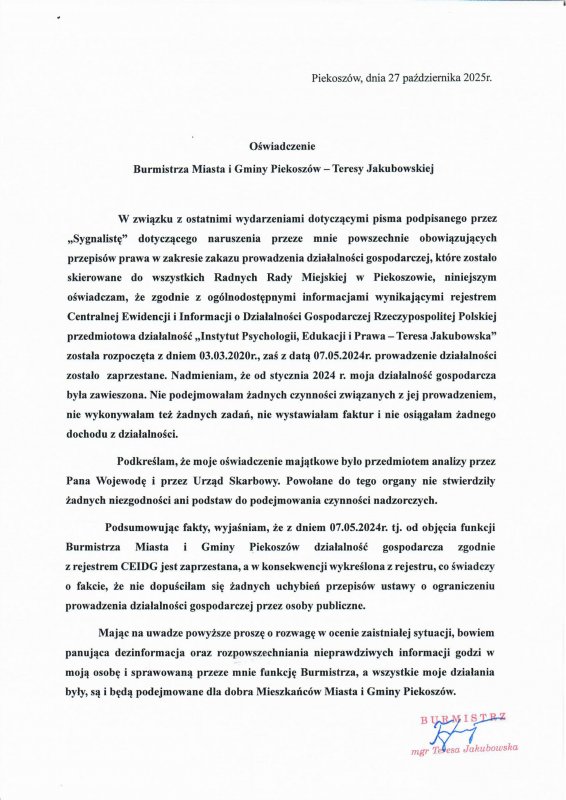 Oświadczenie Burmistrza Miasta i Gminy Piekoszów Teresy Jakubowskiej